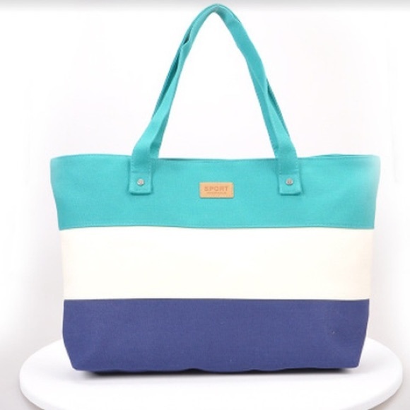 Handbags - Stripped tote in turquoise, white and blue colors.